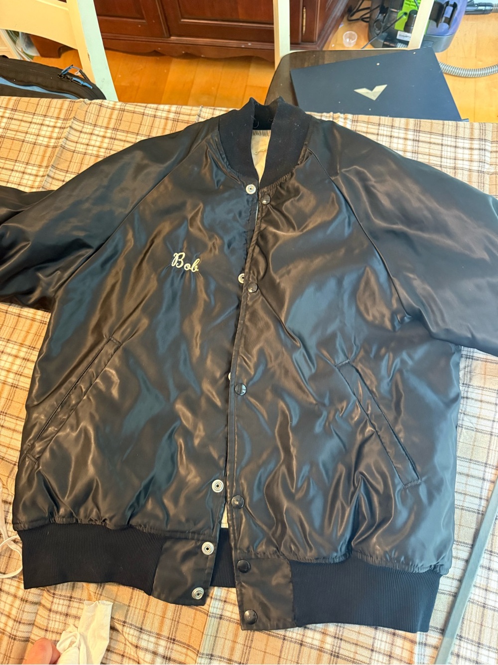 VINTAGE Black Men's Satin Bomber Jacket with 'Bob' Embroidery